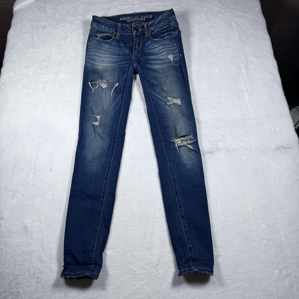 American Eagle Jegging Jeans Womens 00 Blue Distressed‎ Super Stretch Lowrise